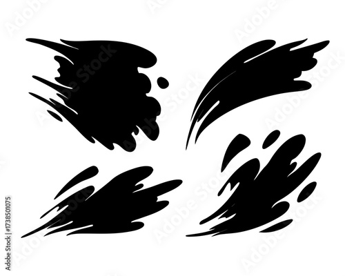 Artistic black ink splatters and blots arranged in dynamic compositions on a white background design element