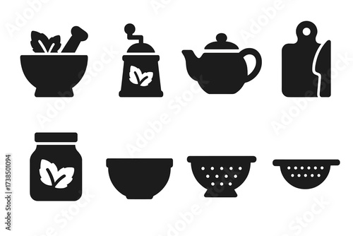 Mint Kitchen Icons. Solid, filled icon set of mint-related kitchen items: mortar and pestle, spice grinder, tea kettle, cutting board, knife, glass jar, mixing