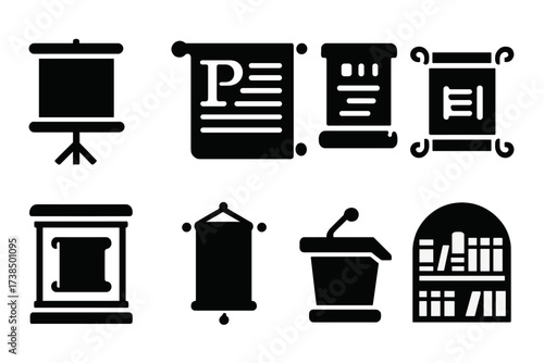 Scroll Presentation Icons. Solid, filled icon set of scroll presentation: scroll stand, wall scroll, illuminated manuscript, scroll frame, display case,