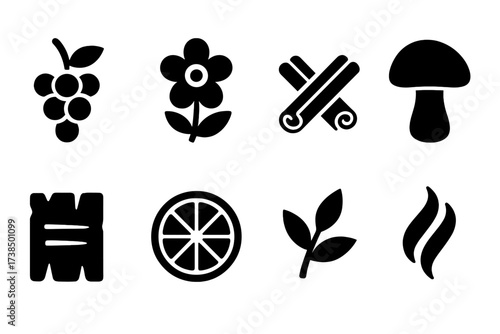 Wine Aroma Icons. Solid, filled icon set of wine flavors and aromas: fruity, floral, spicy, earthy, oaky, citrus, herbal, smoky. Solid, filled icons in only