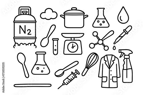 Nitrogen Cooking Doodles. Hand-drawn doodle illustration Nitrogen freezing in cooking nitrogen tank, cloud, cooking pot, flask, droplet, pipette, spoon, test