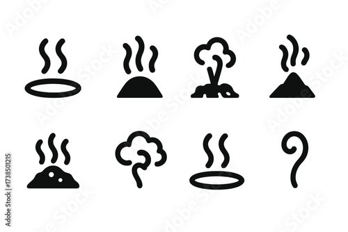Steam Symbol Icons. Solid, filled icon set of steam symbols in nature: hot spring, geyser, steam vent, volcanic fumarole, boiling mud, steam cloud, thermal