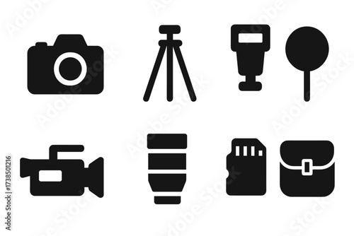 Photography Gear Icons. Solid, filled icon set of red carpet photography gear: DSLR camera, tripod, flash, reflector, video camera, lens, memory card, camera
