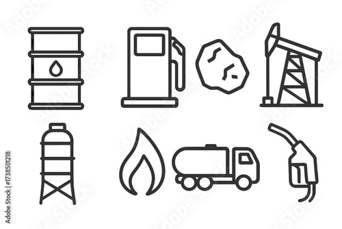 Fossil Fuels Icon Set. Outline icon set of fossil fuels: oil barrel, gas pump, coal lump, drilling rig, refinery tower, natural gas flame, tanker truck, fuel