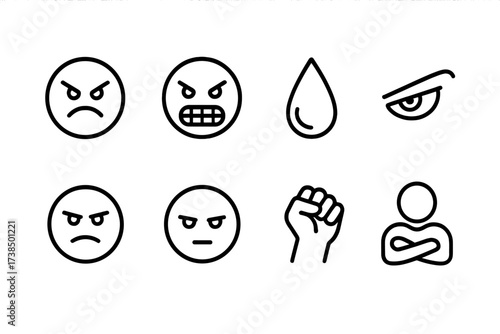 Ruthless Emotions Icons. Outline icon set of ruthless emotions: angry face, gritted teeth, clenched jaw, sweat drop, sharp eye, cold stare, clenched fist,