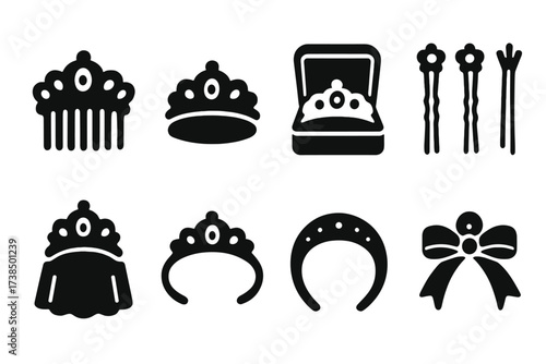 Tiara Accessories Icons. Solid, filled icon set of tiara accessories: hair comb, tiara stand, tiara box, hairpins, veil, headband, tiara chain, decorative
