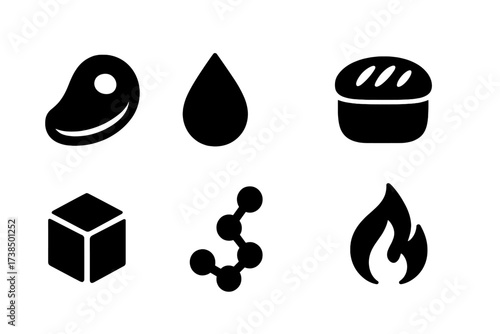 Macronutrient Icons Grid. Solid, filled icon set of macronutrients: protein steak, fat droplet, carbohydrate bread, fiber cereal, sugar cube, amino acid chain,