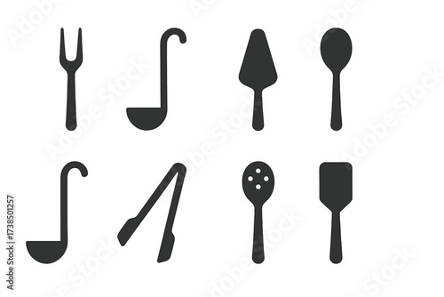 Serving Tools Icons. Solid, filled icon set of serving tools: meat fork, soup ladle, cake server, salad spoon, punch ladle, buffet tong, risotto spoon, serving