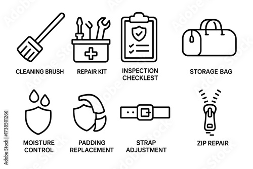 Armor Maintenance Icons. Outline icon set of armor maintenance: cleaning brush, repair kit, inspection checklist, storage bag, moisture control, padding