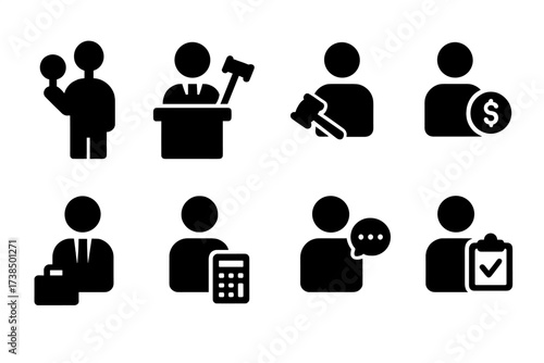 Bidding Role Icons. Solid, filled icon set of bidding roles: bidder, auctioneer, judge, client, lawyer, accountant, consultant, project manager. Line icons in