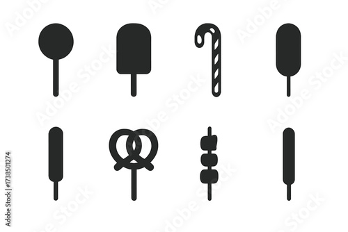 Stick Food Icons. Solid, filled icon set of stick food items: lollipop, popsicle, candy stick, corn dog, chocolate stick, pretzel stick, meat skewer,