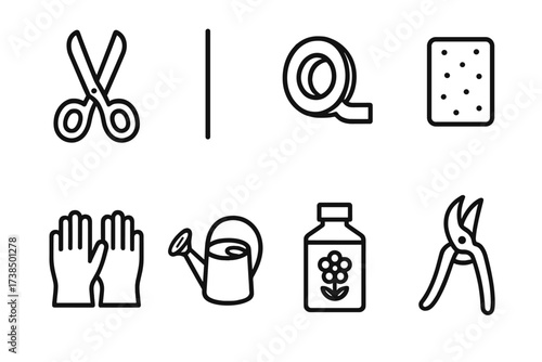 Flower Tool Icons. Outline icon set of bouquet tools: scissors, florist wire, tape, floral foam, gloves, watering can, flower food, pruning shears. Line icons