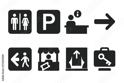 Event Sign Icon Set. Solid, filled icon set of event and directional signs: restroom sign, parking sign, information desk, entrance sign, exit sign, ticket