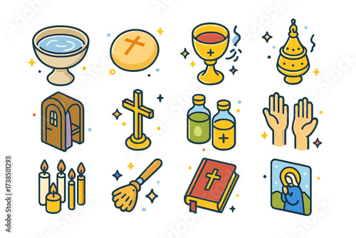 Holy Rituals Icons. Holy rituals. Colorful isometric vector icons set of holy rituals: baptismal font, Eucharist bread, chalice of wine, incense censer,