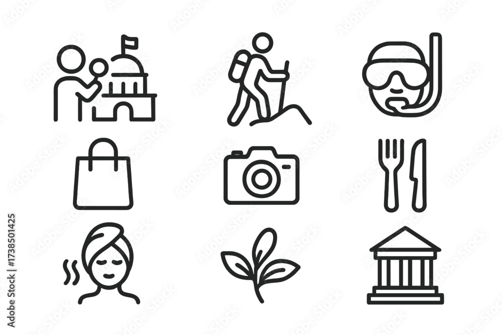 Fototapeta premium Travel Activity Icons. Outline icon set of travel activities: sightseeing, hiking, snorkeling, shopping bag, camera, dining, spa, museum. Line icons in only