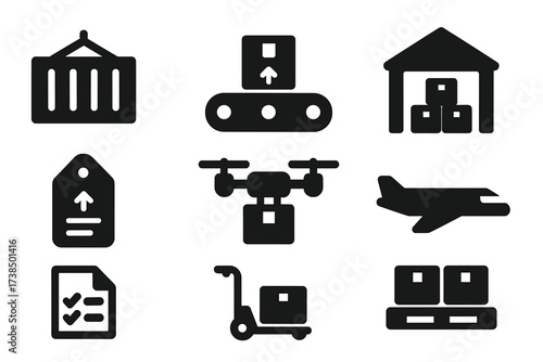 Shipping Logistics Icons. Solid, filled icon set of shipping logistics: shipping container, conveyor belt, package label, warehouse, delivery drone, cargo