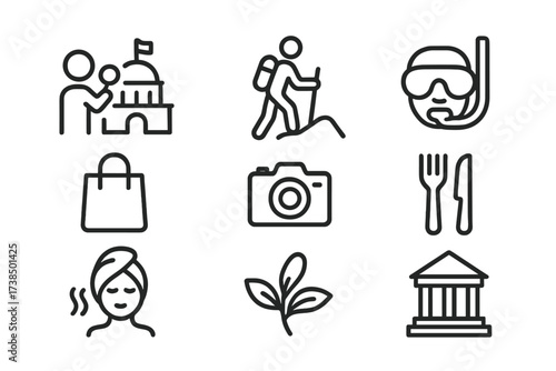Travel Activity Icons. Outline icon set of travel activities: sightseeing, hiking, snorkeling, shopping bag, camera, dining, spa, museum. Line icons in only