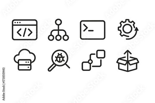 Development Tools Icons. Outline icon set of development tools: code editor, version control, terminal, build automation, API integration, cloud server,