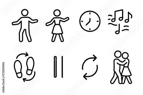 Slow Dance Icons. Outline icon set of slow dance choreography: leader, follower, rhythm, count, timing, footwork, pause, flow. Line icons in only black color,
