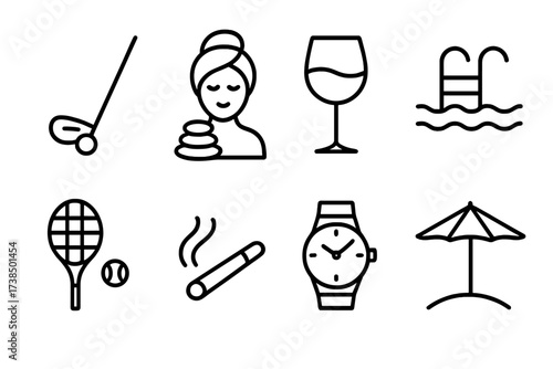 Elite Leisure Icons. Outline icon set of elite leisure: golf club, spa, wine glass, swimming pool, tennis racket, cigar, luxury watch, sun umbrella. Line icons