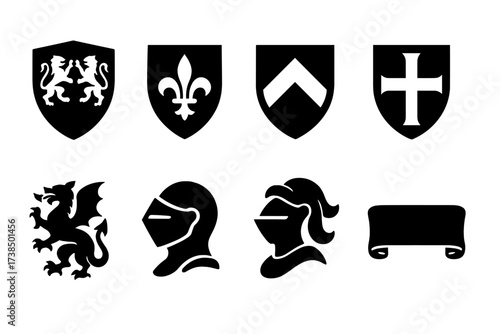 Heraldic Icons Grid. Solid, filled icon set of lord?s heraldry: shield with lions, fleur-de-lis, chevron, crosses, dragons, helmets, mantling, motto scroll.