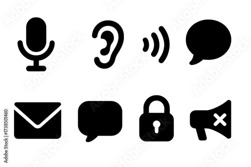 Whisper Communication Icons. Solid, filled icon set of whisper communication tools: microphone, ear, sound wave, speech bubble, envelope, chat bubble, lock