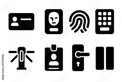 Access Control Icons. Solid, filled icon set of access control: keycard, biometric scanner, fingerprint reader, passcode keypad, security turnstile, ID badge,