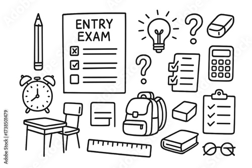 Examination and System Doodles. Hand-drawn doodle illustration entry exam test paper, pencil, clock, calculator, eraser, checklist, light bulb, question mark,