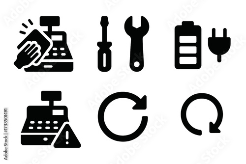 Cash Register Maintenance Icons. Solid, filled icon set of cash register maintenance: cleaning cloth, screwdriver, wrench, software update, battery, power