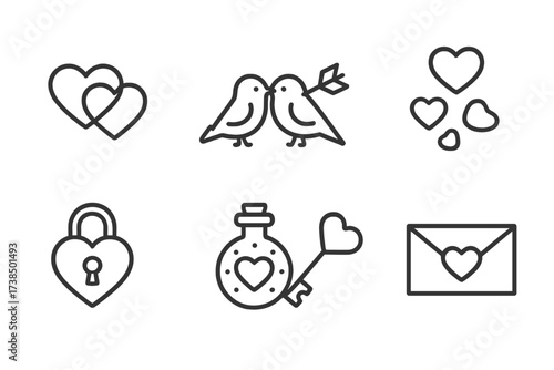 Love Symbols Icons. Outline icon set of love symbols: intertwined hearts, cupid?s arrow, lovebirds, rose petals, heart lock, love potion, heart key, love
