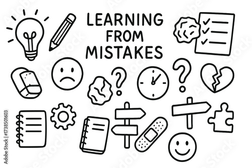Learning Symbols Doodle. Hand-drawn doodle illustration Learning from mistakes light bulb, pencil, eraser, crumpled paper, checklist, sad face, question mark,