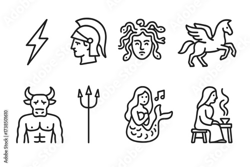 Greek Mythology Icon Set. Outline icon set of Greek mythology: Zeus lightning bolt, Athena helmet, Medusa head, Pegasus, Minotaur, Trident, Siren, Oracle. Line