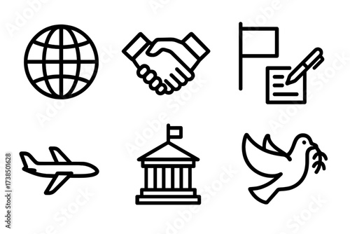 International Relations Icons. Outline icon set of presidential international relations: globe, handshake, flag, treaty document, airplane, embassy, peace