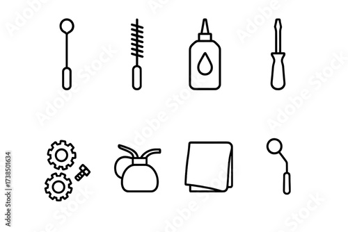 Grenade Launcher Tool Icons. Outline icon set of grenade launcher maintenance tools: cleaning rod, brush, lubricant, screwdriver, spare parts, oil can, cloth,