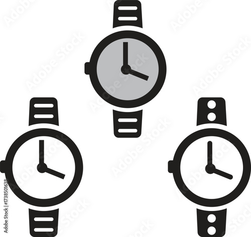 Three simple wristwatch icons showcasing timekeeping device variety vector