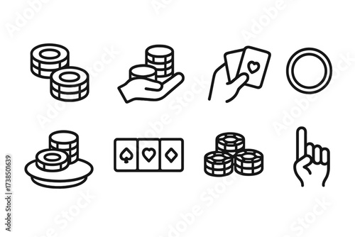 Poker Icon Set. Outline icon set of poker unlimited betting: betting chips, all-in stack, player hand, dealer button, pot stack, open cards, chip pile, raise