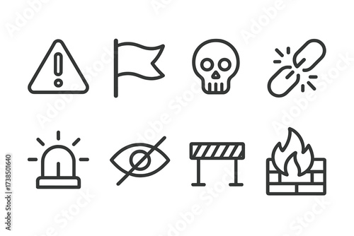 Laundering Risk Icons. Outline icon set of laundering warnings and risks: exclamation mark, red flag, skull, broken chain, alarm bell, eye with slash, caution