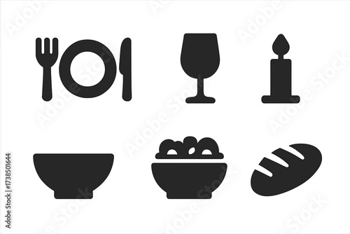 Dinner Icons Set. Solid, filled icon set of dinner items: plate, fork and knife, wine glass, candle, napkin, bowl, salad, bread loaf. [Line icons in only black