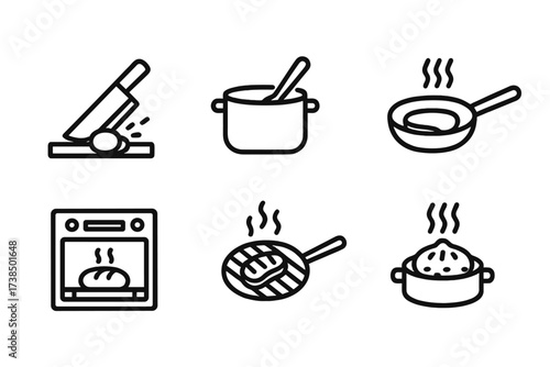 Cooking Technique Icons. Outline icon set of cooking techniques: chopping, stirring, boiling, frying, baking, grilling, sauteing, steaming. Line icons in only