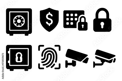 Security Icon Set. Solid, filled icon set of deposit security: vault icon, shield with money, passcode entry, secure lock, encrypted deposit, safe icon,