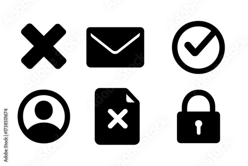 Refusal Icon Set. Solid, filled icon set of refusal: red cross mark, closed envelope, failed checkmark, banned symbol, blocked user, x mark on paper, forbidden