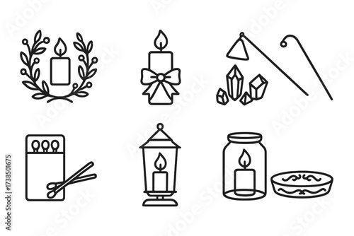 Candlelight Decor Icons. Outline icon set of candlelight decor: floral wreath, ribbons, crystals, candle snuffer, matches, lantern stand, glass jar, decorative