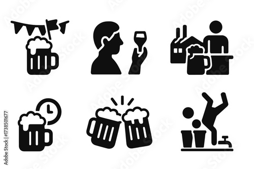 Draft Beer Icon Set. Solid, filled icon set of draft beer events: beer festival, tasting event, brewery tour, pub night, happy hour, draft party, beer pong,
