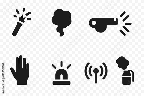 Escape Signal Icons. Solid, filled icon set of escape signals: flare, smoke, whistle, flashlight, hand gesture, beacon, radio signal, smoke grenade. [Solid,