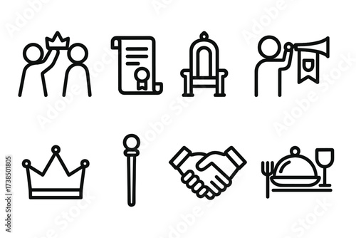 Noble House Icons. Outline icon set of noble house ceremonies: coronation, royal decree, throne, herald, crown, scepter, handshake, feast. Line icons in only