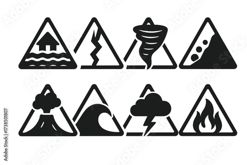 Environmental Warning Icons. Solid, filled icon set of environmental warnings: flood warning, earthquake alert, tornado warning, landslide symbol, volcano