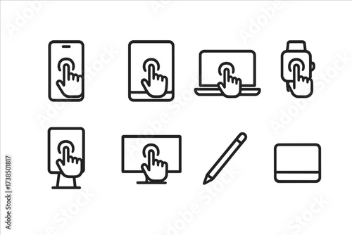 Touch Devices Icons. Outline icon set of touch devices: touchscreen phone, tablet, touchscreen laptop, smart watch, digital kiosk, interactive display, stylus