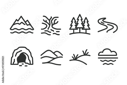 Balkan Iconography. Outline icon set of Romanian geography: Carpathian Mountains, Danube Delta, forests, rivers, caves, hills, meadows, lakes. Line icons in