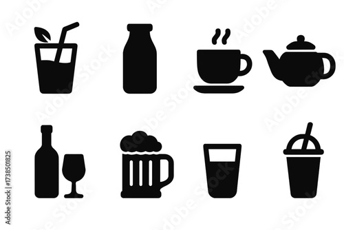 Local Beverage Icons. Solid, filled icon set of local food beverages: fresh juice, milk bottle, coffee cup, tea pot, wine bottle, beer mug, water glass,