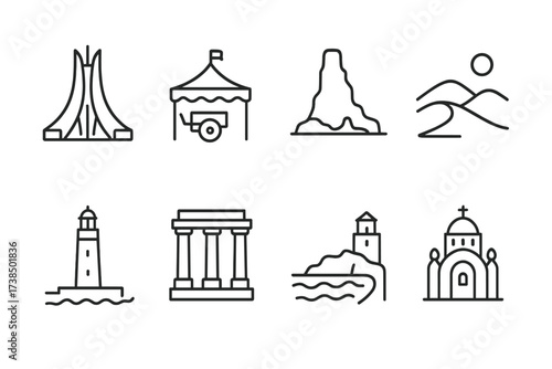 Algerian Cultural Icon Set. Outline icon set of Algerian landmarks: Martyrs? Memorial, Djemaa el Fna, Tassili n?Ajjer, Sahara dunes, Algiers lighthouse, Roman